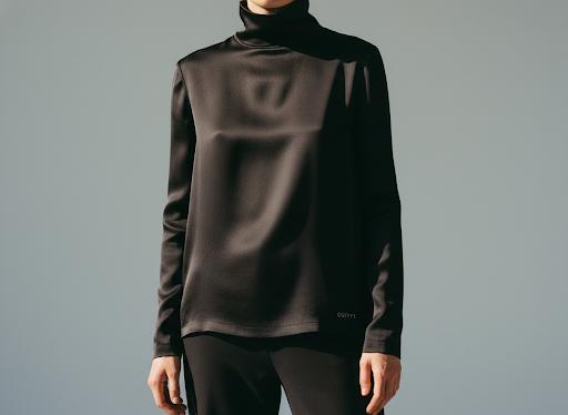 Figure in black silk turtleneck, chin-down editorial