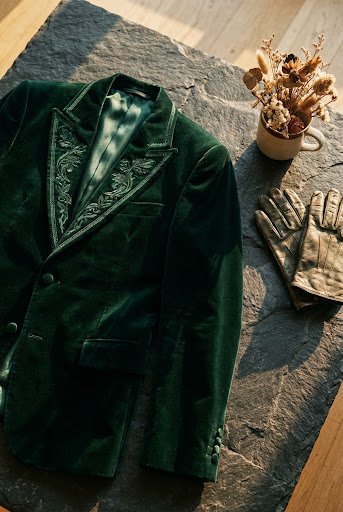 Emerald velvet blazer flat-lay on slate