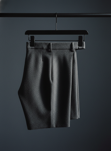Tailored grey wool trousers on a metal hanger